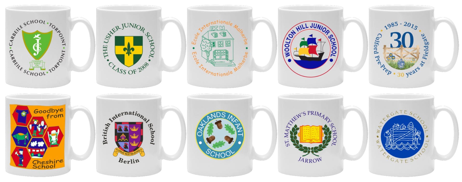 A range of mugs all printed with school badges, crests, and artwork illustrations class names and individual names
