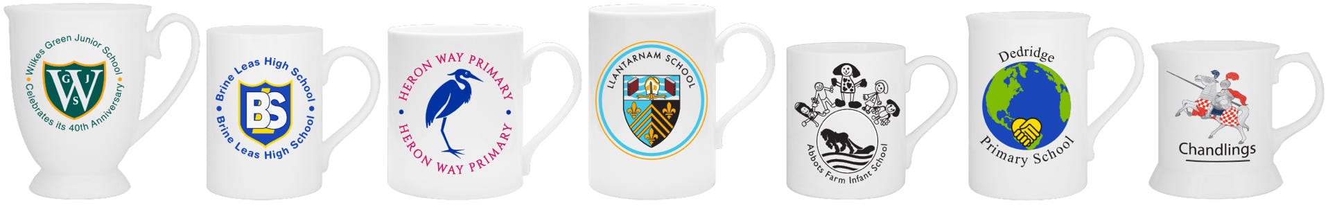 A range of bone china with seven shapes all printed with school badges, crests, artwork illustrations, class names and individual names
