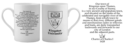 Two bone china mugs with printed drawing and historical text